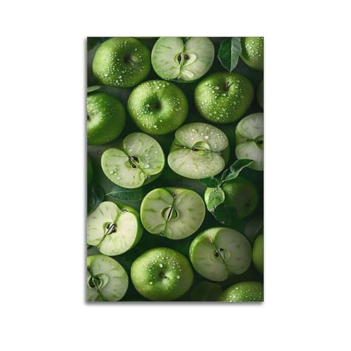 ZHOUKEG Kunstvolles Wandbild, Motiv: Obstgrüne Äpfel mit Blättern, modernes Wandbild, 50 x 75 cm von ZHOUKEG