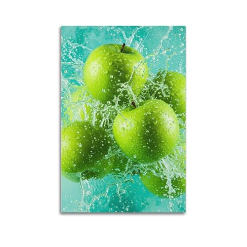 ZHOUKEG Kunstvolles Wandbild, Motiv: Obstgrüne Äpfel mit Spritzwasser, modernes Wandbild, 60 x 90 cm von ZHOUKEG