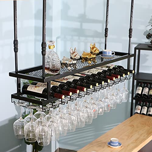Deckenmontiertes Weinregal – 2-lagiger Weinflaschenhalter aus Metall mit Glashalter, höhenverstellbarer hängender Weinregalschrank, multifunktionales Weinregal für Bar, Café, Küche/80 cm x 30 cm von ZHOUT
