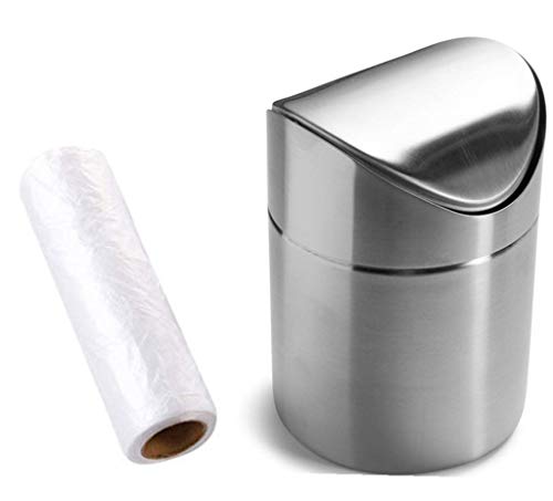 ZHOUWHJJ Mini-Mülleimer mit silbernem Schwingdeckel aus gebürstetem Edelstahl, Müllbeutel inklusive, 1,5 l Fassungsvermögen, 5 verschiedene Farben von ZHOUWHJJ
