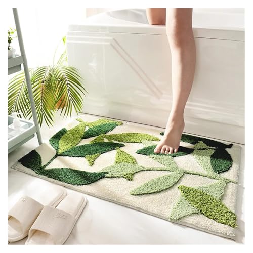 Anti Rutsch Matte Badematten mit grünen Blättern, 45 x 65 cm, 50 x 80 cm, Badezimmerteppich, rutschfest, weiche Mikrofaser, maschinenwaschbar, Eingangsfußmatte, Teppich(Leaves feiyang,45x65cm) von ZHOUXYFDC