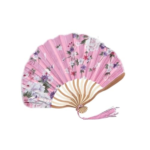 Fächer 1 Stück Retro Jakobsmuschel-Faltfächer, Blumen-Spinnseide-Tuch, Handheld for Tanz, Cheongsam, Kunst, Fransen, gebogener Knochenfächer(Pink) von ZHOUXYFDC