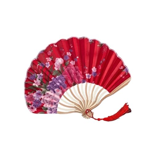 Fächer 1 Stück Retro Jakobsmuschel-Faltfächer, Blumen-Spinnseide-Tuch, Handheld for Tanz, Cheongsam, Kunst, Fransen, gebogener Knochenfächer(Red) von ZHOUXYFDC