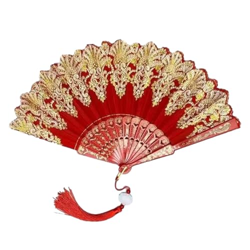 Fächer Kunsthandwerk Faltbarer Handfächer aus Goldpulver, Kunststoff, for Tanz, Hochzeit, Party(RED) von ZHOUXYFDC
