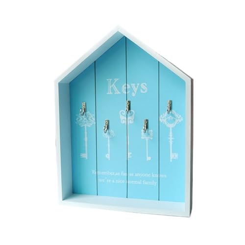 ZHOUXYFDC Schlüsselkasten An der Wand montierter Organizer, Schlüsselschrank-Aufbewahrungsbox aus Holz in Hausform mit 5 Haken, Schlüsselhalter, rustikaler Schlüsselaufhänger, Heimdekoration(Blue) von ZHOUXYFDC