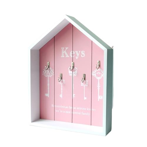 ZHOUXYFDC Schlüsselkasten An der Wand montierter Organizer, Schlüsselschrank-Aufbewahrungsbox aus Holz in Hausform mit 5 Haken, Schlüsselhalter, rustikaler Schlüsselaufhänger, Heimdekoration(Pink) von ZHOUXYFDC