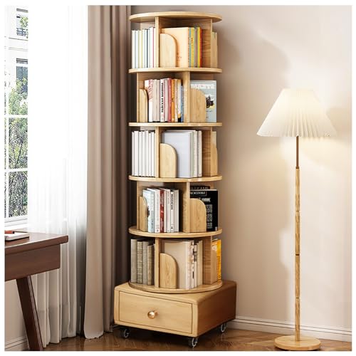 5-stöckiges drehbares Bücherregal aus Holz mit Schublade und Rollen, drehbares bodenstehendes Bücherregal aus natürlichem Massivholz, 360-Grad-Eckregal für Schlafzimmer, Wohnzimmer, braune Farbe von ZHOUYING