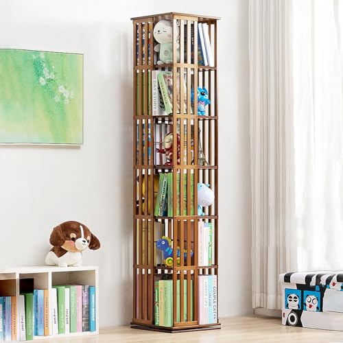 6-stöckiges Bücherregal aus Holz, Eckregal, hohes Bücherregal, modernes Regal mit offenem Design, 360-Grad-Anzeige, drehbares Bücherregal, Bambus-Bücherregal, Organizer für Schlafzimmer, Wohnzimmer, von ZHOUYING