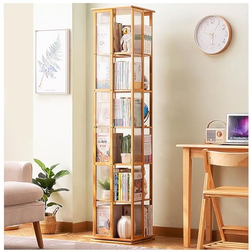 Drehbares Bücherregal, drehbares Bücherregal mit 6 Ebenen, Bambus-Bücherregal, 360-Grad-Display, bodenstehendes Bücherregal, Eckaufbewahrungsorganisator, drehbarer Bücherregalturm für Schlafzimmer, von ZHOUYING