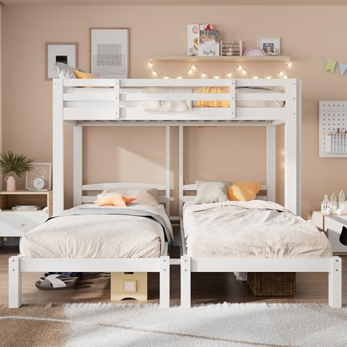 Dreierbett 90x200cm x 3, Dreifaches Etagenbett mit Leiter für Kinder und Jugendliche, Eisenbett mit Fallschutzgitter und Tisch (Weiß) von ZHPPED