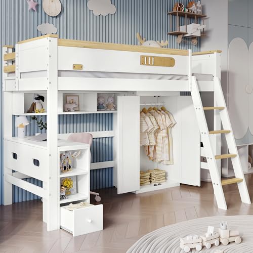 Etagenbett Kinderbett mit Fallschutzgitter – Hochbett mit Tisch, Kleiderschrank & offenem Regal – Reichlich Stauraum – 4-stufige Leiter – Kiefer/MDF/Sperrholz – 90x200 cm von ZHPPED