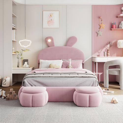 Kinderbett Polsterbett, Doppelbett Mädchenbett Hydraulisches Stauraumbett mit Großer Stauraum und 2 Aufbewahrungshockern, Hasenohren Bett mit einstellbarer Helligkeit Lichtstreifen,Pink-140cm*200cm Kinderbett Polsterbett, Doppelbett Mädchenbett Hydraulisches Stauraumbett mit Großer Stauraum und 2 Aufbewahrungshockern, Hasenohren Bett mit einstellbarer Helligkeit Lichtstreifen,Pink-140cm*200cm von ZHPPED