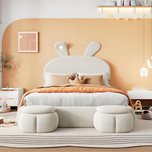 Kinderbett Polsterbett, Doppelbett Mädchenbett Hydraulisches Stauraumbett mit Großer Stauraum und 2 Aufbewahrungshockern, Hasenohren Bett mit einstellbarer Helligkeit Lichtstreifen,White-90cm*200cm von ZHPPED