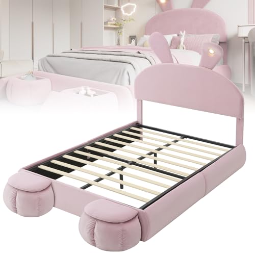 Polsterbett 90/140x200cm Doppelbett mit 2 Aufbewahrungshockern und Lattenrost,ausklappbare Hasenohren Kopfteil Bett mit LED-Beleuchtung,Mädchenbett Jugendbett Rückenlehne,Pink-140cm*200cm Polsterbett 90/140x200cm Doppelbett mit 2 Aufbewahrungshockern und Lattenrost,ausklappbare Hasenohren Kopfteil Bett mit LED-Beleuchtung,Mädchenbett Jugendbett Rückenlehne,Pink-140cm*200cm von ZHPPED