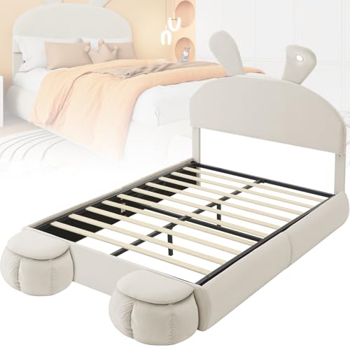 Polsterbett 90/140x200cm Doppelbett mit 2 Aufbewahrungshockern und Lattenrost,ausklappbare Hasenohren Kopfteil Bett mit LED-Beleuchtung,Mädchenbett Jugendbett Rückenlehne,White-140cm*200cm von ZHPPED