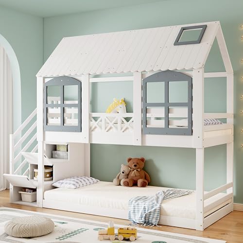 ZHPPED Etagenbett 90 x 200cm, Kinderbett, Kinderbett mit Dach und Fenster, Holzbett mit Fallschutzgitter, mit 3 Schließfächer in der Treppe, Reichlich Stauraum, Kiefer+MDF, Weiß+Grau ZHPPED Etagenbett 90 x 200cm, Kinderbett, Kinderbett mit Dach und Fenster, Holzbett mit Fallschutzgitter, mit 3 Schließfächer in der Treppe, Reichlich Stauraum, Kiefer+MDF, Weiß+Grau von ZHPPED