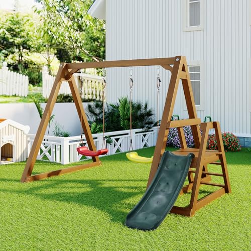 ZHPPED Kinderschaukel Schaukelgestell - mit Rutsche und Kletterleiter, Doppelschaukel, Holzschaukel mit Kletteranbau für Kinder im Garten von ZHPPED