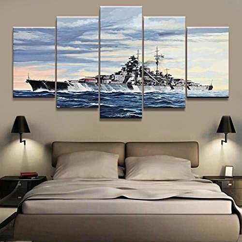 ZHRMGHG Print Canvas 5 Teilig Battleship Bismarck War Weapon Patrol Leinwand Art Wandgemälde Für Home Wohnzimmer Büro Trendig Eingerichtet Dekoration Geschenk (Mit Rahmen) von ZHRMGHG