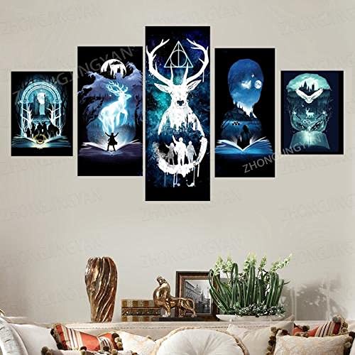 ZHRMGHG Print Canvas 5 Teilig Harry Deer Potteres Aquarell Leinwand Art Wandgemälde Für Home Wohnzimmer Büro Trendig Eingerichtet Dekoration Geschenk (Mit Rahmen) von ZHRMGHG