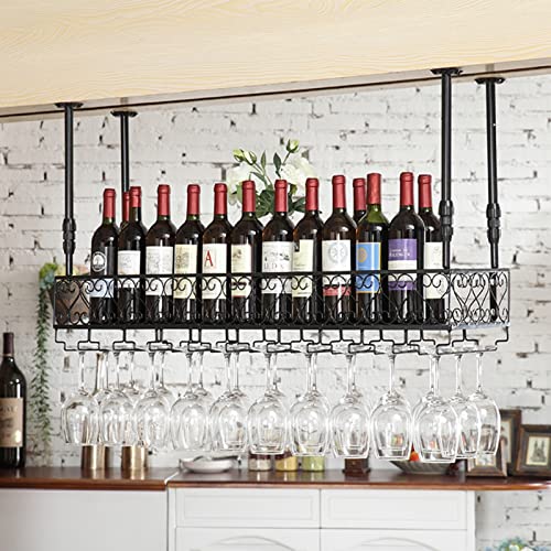 ZHSYXLB Hängendes Weinregal, Deckenflaschenhalter aus Metall, Vintage-Weinaufbewahrungshalter mit umgedrehtem Glasregal für Weingläser, Schwarze schwebende Regale (Size : 140cmx25cm(55x10inch)) von ZHSYXLB