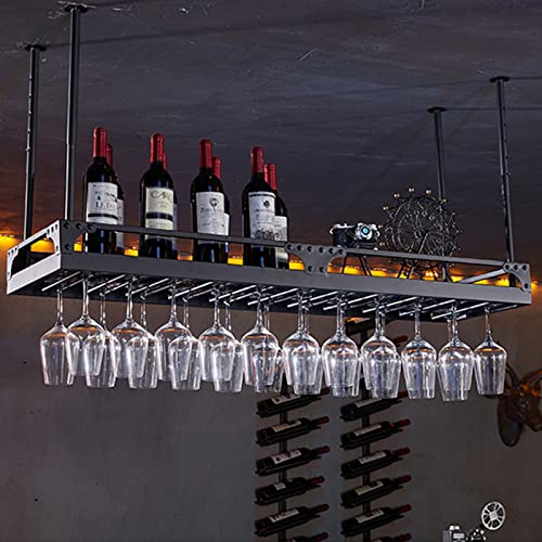 ZHSYXLB Weinregal Schwarz Metall Deckenhalter | Home Kitchen Bar Aufbewahrungsregal für Weinflaschen und Stemware-Glaskelche | Hängende schwimmende Organizer-Regale (Size : 60x35cm) von ZHSYXLB