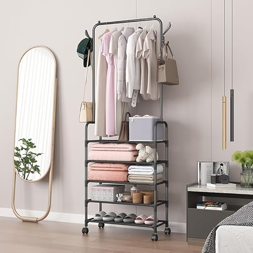 ZHTLTHZ 69 * 26 * 183cm Clothes Rail on Wheels with Shelf & 4 Hooks, Metal Branch Design Hat Garment Rack Sturdy Clothes Rack, Mobiler Kleiderständer Coat Stand for Living Room, Bedroom (Black) von ZHTLTHZ