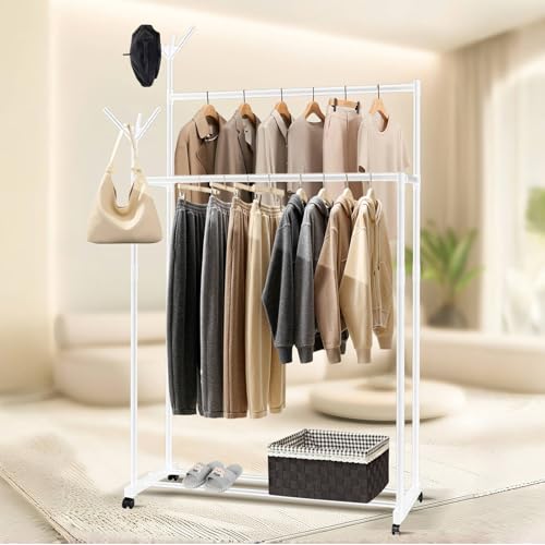ZHTLTHZ 80 * 42 * 107&135cm Clothes Rail on Wheels with Shelf & 6 Hooks, Metal Branch Design Hat Garment Rack Sturdy Clothes Rack, Mobiler Kleiderständer Coat Stand for Living Room, Bedroom (White) von ZHTLTHZ