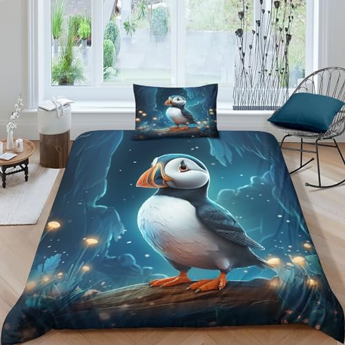 Papageientaucher 2-Piece Duvet Cover,Soft And Comfortable,Mikrofaser Hypoallergener Wrinkle-Free,Set of Pillowcase with Zip Für Kinder Teenager Erwachsene Tier Papageientaucher Bedding 135x200cm von ZHUICHENG