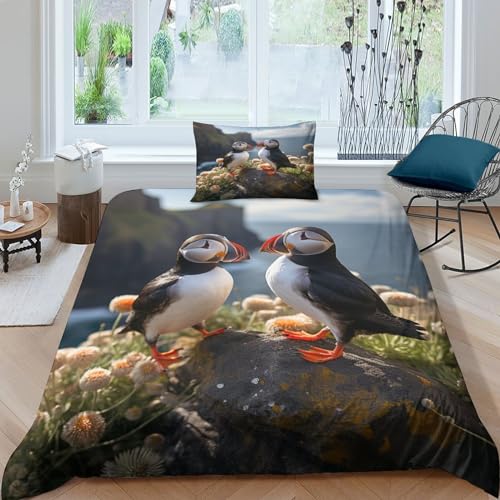 Papageientaucher 2-Piece Duvet Cover,Soft And Comfortable,Mikrofaser Hypoallergener Wrinkle-Free,Set of Pillowcase with Zip Für Kinder Teenager Erwachsene Vögel am Meer Bedding einfach（135x200cm） von ZHUICHENG
