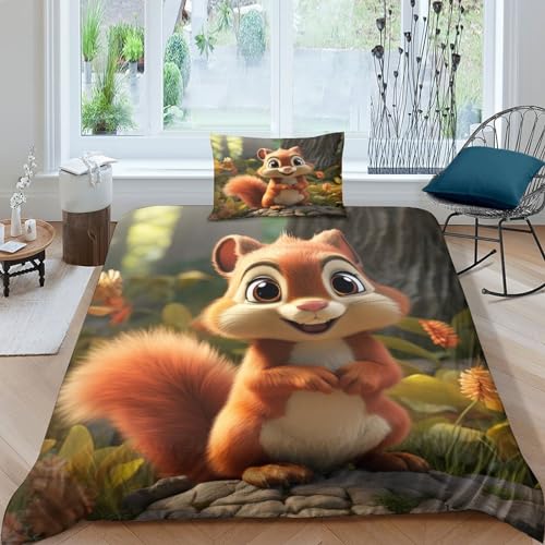 ZHUICHENG Eichhörnchen 2 Piece Bed Linen Reversible Bedding Set Bed Zeichentrick-Tiere Duvet Cover with Zip and Pillowcases Mikrofaser All-Season Für Kinder Teenager Erwachsene Einzeln（135x200cm） von ZHUICHENG
