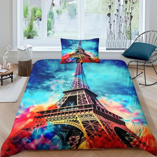 ZHUICHENG Eiffelturm 2 Piece Bed Linen Reversible Bedding Set Bed Paris-Thema Duvet Cover with Zip and Pillowcases Mikrofaser All-Season Für Kinder Teenager Erwachsene einfach（135x200cm） von ZHUICHENG
