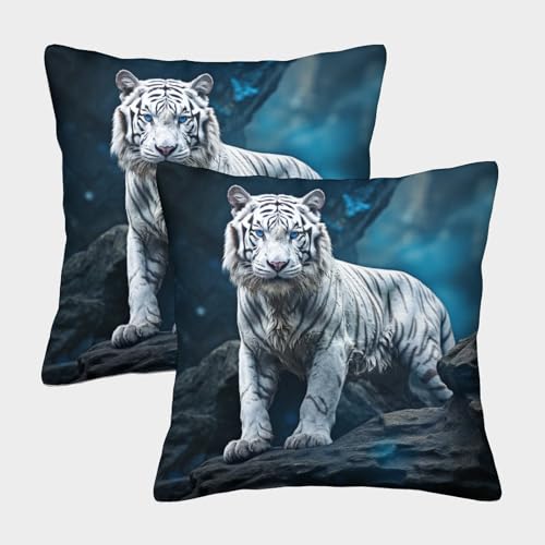 ZHUICHENG Weißer Tiger Kissenbezüge 2er Set - Dekorative Kissenhüllen Für Wohnzimmer Sofa Bett - Wilde Tiere Thema Mit Reißverschluss, Geeignet Für Allergiker 40x40cm von ZHUICHENG