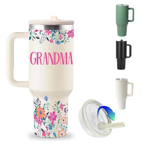 ZHUIYIWIN Thermobecher, Kaffeebecher to Go Thermobecher, Perfekt für Heiße & Kalte Getränke, Vakuum Auslaufsicher Trinkbecher mit Strohhalm und Henkel (GRANDMA, 1180 ml) von ZHUIYIWIN