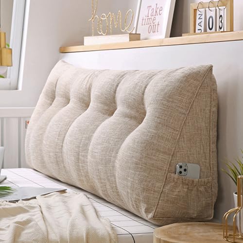 Rückenkissen,Großen Dreieckigen Kissen,Lendenkissen,Keilkissen für Bett und Sofa geeignet, Kissen mit abnehmbarem und waschbarem Bezug,mit praktischem Seitenfach (100*50*20cm,Hempcolor) von ZHULONGRUSHUI