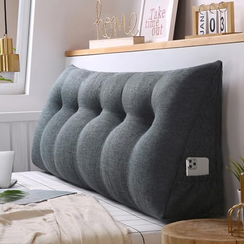 Rückenkissen,Großen Dreieckigen Kissen,Lendenkissen,Keilkissen für Bett und Sofa geeignet, Kissen mit abnehmbarem und waschbarem Bezug,mit praktischem Seitenfach (120*50*20cm,Dunkelgrau) von ZHULONGRUSHUI