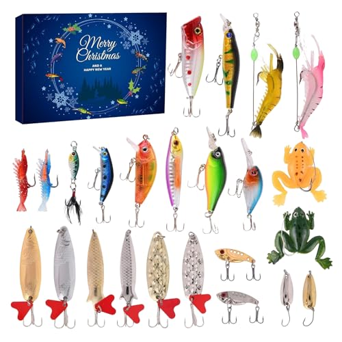 Angelköder Adventskalender 2025, Angel Männer Weihnachtskalender, Countdown Kalender Mit 24 Kreativ Kunstködern Für Angler Süßwasser Salzwasser See Steg Küste von ZHUMCCY