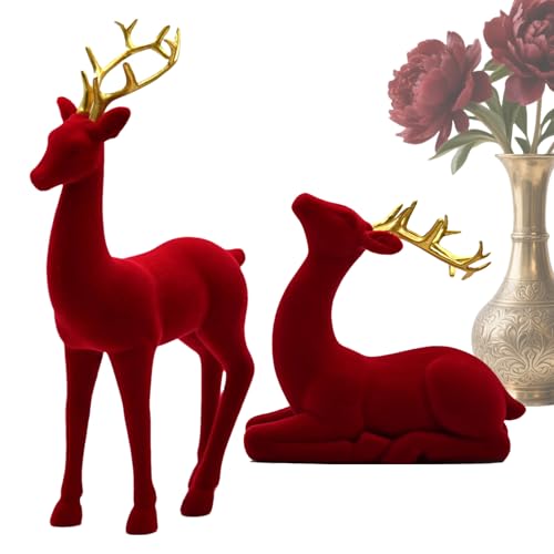 ZHUMCCY Weihnachtshirsch, Flor Rentier Figuren, 2 Stück Rote Und Grüne Ästhetische Stehende Und Sitzende Hirsch Statue Für Wohnzimmer Arbeitsplatz Nachttisch von ZHUMCCY