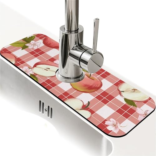 Spritzschutz für Küchenspüle, Apfel auf einem karierten Wasserhahn, Spülbecken-Gadgets, super saugfähig, schnell trocknende Matte, Tropffänger für Küche, Bad, Waschbeckenmatte, Geschirrabtropfmatte von ZHUZHISHAN