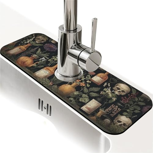 Spritzschutz für Küchenspüle, Apotheker-Flaschen, Totenköpfe, Wasserhahnmatte, Spülbecken-Gadgets, super saugfähig, schnell trocknende Matte, Tropffänger für Küche, Bad, Waschbeckenmatte von ZHUZHISHAN