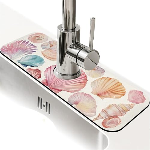 Spritzschutz für Küchenspüle, Aquarell-Muscheln, Wasserhahnmatte, Spülbecken-Gadgets, super saugfähig, schnell trocknende Matte, Tropffänger für Küche, Bad, Waschbeckenmatte, Geschirrabtropfmatte von ZHUZHISHAN