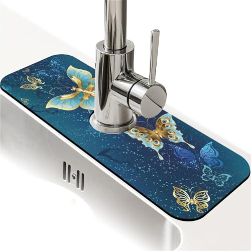 Spritzschutz für Küchenspüle, Blau und Gold, Schmetterlings-Wasserhahnmatte, Spülbecken-Gadgets, super saugfähig, schnell trocknende Matte, Tropfenfänger für Küche, Bad, Spülbeckenmatte Spritzschutz für Küchenspüle, Blau und Gold, Schmetterlings-Wasserhahnmatte, Spülbecken-Gadgets, super saugfähig, schnell trocknende Matte, Tropfenfänger für Küche, Bad, Spülbeckenmatte von ZHUZHISHAN