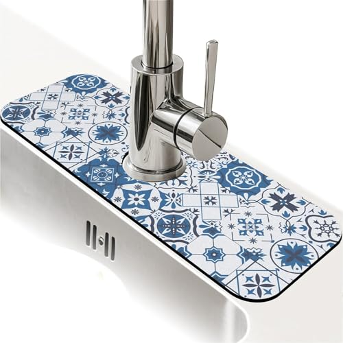 Spritzschutz für Küchenspüle, Blumenmosaiknähte, Wasserhahnmatte, Spülbecken-Gadgets, super saugfähig, schnell trocknende Matte, Tropffänger für Küche, Bad, Waschbeckenmatte, Geschirrabtropfmatte von ZHUZHISHAN