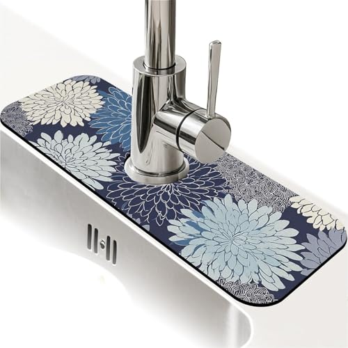 Spritzschutz für Küchenspüle, Chrysanthemen-Blumen, Wasserhahnmatte, Spülbecken-Gadgets, super saugfähig, schnell trocknende Matte, Tropffänger für Küche, Bad, Waschbeckenmatte, Geschirrabtropfmatte von ZHUZHISHAN