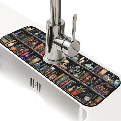 Spritzschutz für Küchenspüle, Fantasie-Bücherregal, Wasserhahnmatte, Spülbecken-Gadgets, super saugfähig, schnell trocknende Matte, Tropfenfänger für Küche, Bad, Spülbeckenmatte, Geschirrabtropfmatte von ZHUZHISHAN