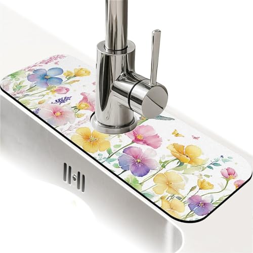Spritzschutz für Küchenspüle, Frühlingsblumen mit Kolibris, Wasserhahnmatte, Spülbecken-Gadgets, super saugfähig, schnell trocknende Matte, Tropffänger für Küche, Bad, Waschbeckenmatte von ZHUZHISHAN