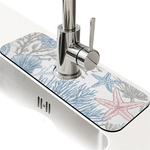 Spritzschutz für Küchenspüle, Korallen, Seesternmuscheln, Wasserhahnmatte, Spülbecken-Gadgets, super saugfähig, schnell trocknende Matte, Tropffänger für Küche, Bad, Spülbeckenmatte von ZHUZHISHAN