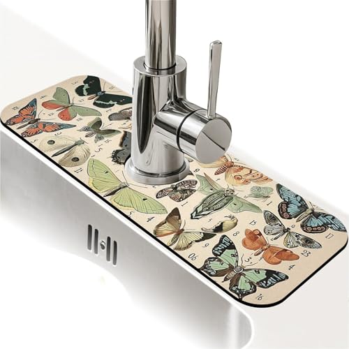 Spritzschutz für Küchenspüle, Motten und Schmetterlinge, Wasserhahnmatte, Spülbecken-Gadgets, super saugfähig, schnell trocknende Matte, Tropfenfänger für Küche, Bad, Spülbeckenmatte von ZHUZHISHAN