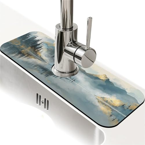 Spritzschutz für Küchenspüle, Nebelgebirge, See, Wasserhahnmatte, Spülbecken-Gadgets, super saugfähig, schnell trocknende Matte, Tropffänger für Küche, Bad, Waschbeckenmatte, Geschirrabtropfmatte von ZHUZHISHAN