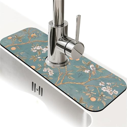 Spritzschutz für Küchenspüle, Orangenbaum mit Vögeln, Wasserhahnmatte, Spülbecken-Gadgets, super saugfähig, schnell trocknende Matte, Tropfenfänger für Küche, Badezimmer, Spülbeckenmatte von ZHUZHISHAN