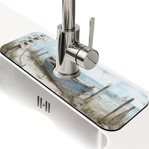 Spritzschutz für Küchenspüle, Ruderboot am Strand, Wasserhahnmatte, Spülbecken-Gadgets, super saugfähig, schnell trocknende Matte, Tropffänger für Küche, Bad, Waschbeckenmatte, Geschirrabtropfmatte von ZHUZHISHAN